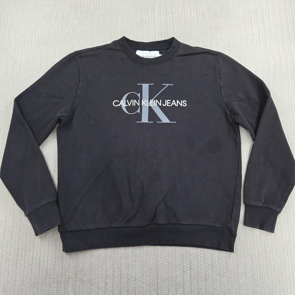 Calvin Klein Jeans Sweatshirt Mens Large Black CK Logo Crewneck Pullover Fleece